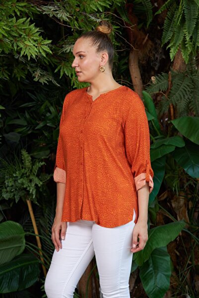 RMG Orange Patterned Plus Size Long Sleeve Blouse