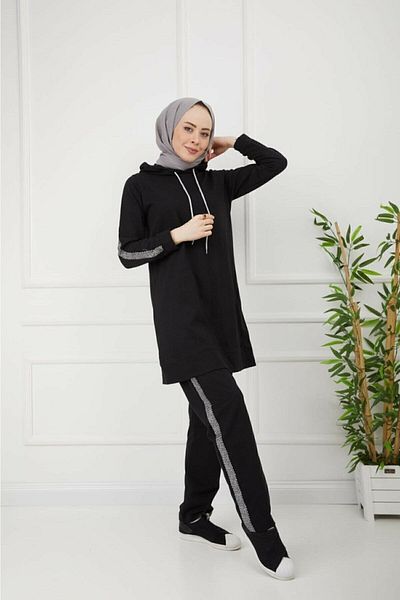 MODAALFABE Women's Black Hooded and Sleeve Striped Tracksuit Set