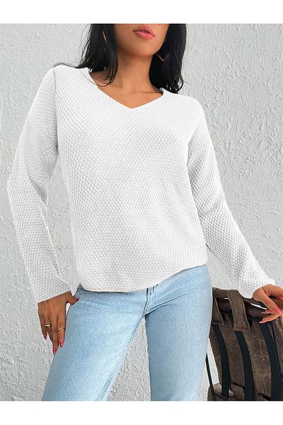 AQE FASHION Pulover de damă, cu decolteu în V, tricot din orez, cu potrivire confortabilă, cu textura flexibilă, alb