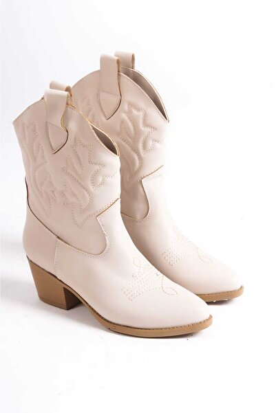 She WOMEN'S TEN CREAM BEIGE VEGAN LEATHER EMBROIDERED WESTERN SHORT COWBOY BOOTS