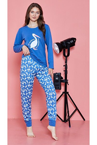 tusem butik homewear Set pijamale de damă din bumbac cu model flamingo albastru - mânecă lungă, decolteu