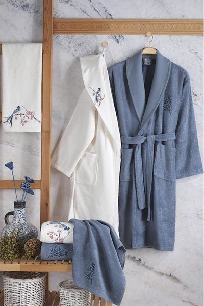 Çeyiz Diyarı Set de halate de baie din bambus brodate romantic 6 piese crem indigo