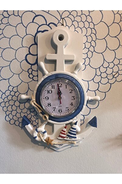 Genel Markalar Oval Dekoratif Ahşap Çapa Dümen Duvar Saati Beyaz Marin 34 x 48 Modern Beyaz