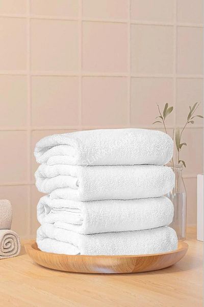 Meslina 4 Pieces White Hotel Towels 100% Cotton Hand & Face & Head Towels 50x90 Cm