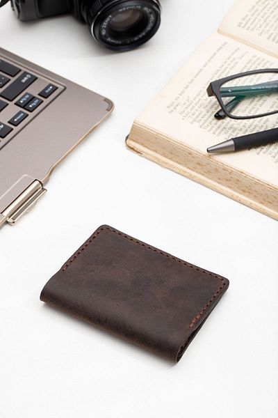 GezBros Genuine Crazy Leather Handmade Brown Card Holder