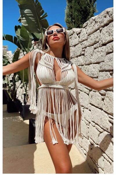 Hayal Makrome Γυναικείο φόρεμα παραλίας και φεστιβάλ Ecru Macrame
