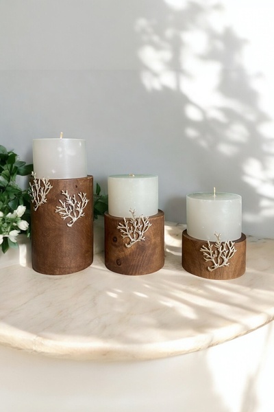 GRİKOZALAK 3'lü Aksesuarlı Ahşap Şamdan Set Mumluk, Dekoratif Mumluk, Hediyel...