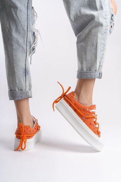Limeo Orange Textile High Sole Ankle Lacing Detailed Soft Sneakers Women's Casual Sports Shoes