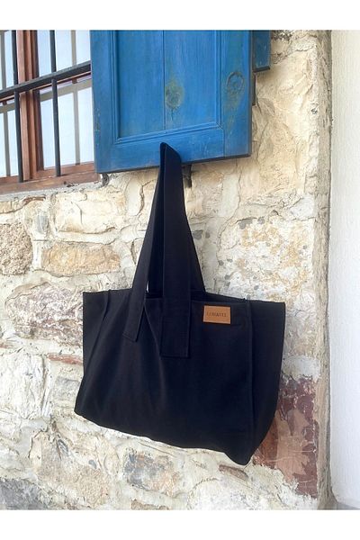 LUNAFEL Geantă de umăr cu mâner din pânză neagră - mărime mare