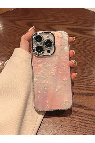 EDELFU حافظة واقية لهاتف iPhone 15 Pro Max مع حماية للعدسة الفضية المجسمة ونمط التوليب