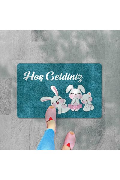 M&H Quality Welcome Written Digital Printed Flower and Rabbit Patterned Door - Washable