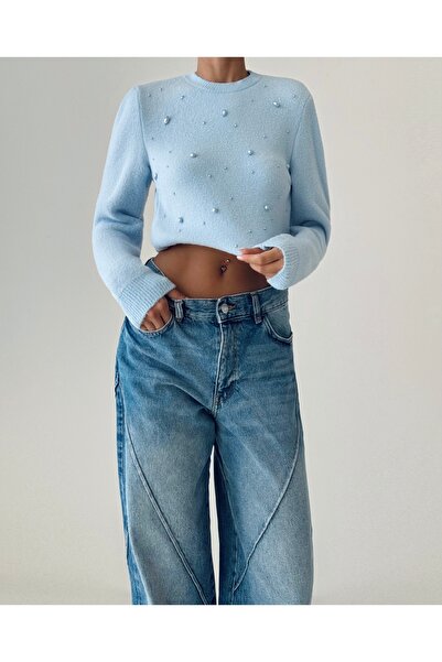 İLKCET MODA Γυναικείο πουλόβερ με λαιμόκοψη με λεπτομέρεια από ελαστική πέτρα