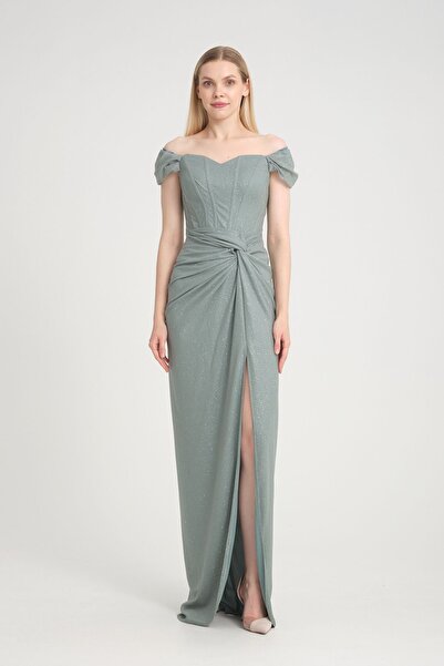 meksila kadın straptes kayık yakalı balenli korse detaylı uzun yırtmaçlı simli astarlı nişan davet abiye