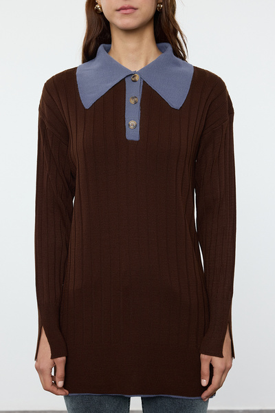 Trendyol Modest Corded Knitted Sweater - Brown Blue Block TCTAW25AK00029