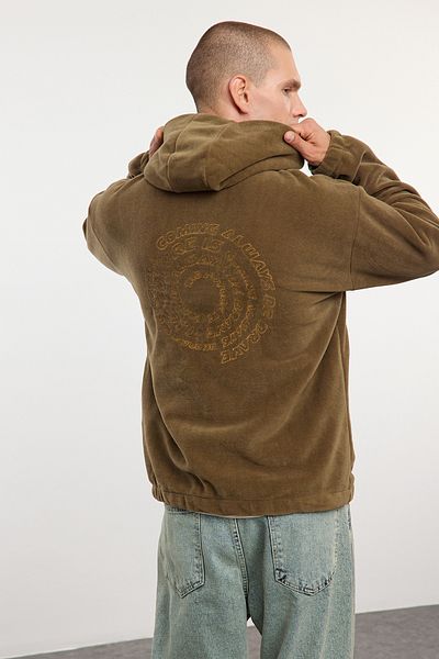 Trendyol Collection Unisex khaki fleecová mikina - stojáček, široký střih, proti žmolkování, teplá Tmnaw25Sw00029