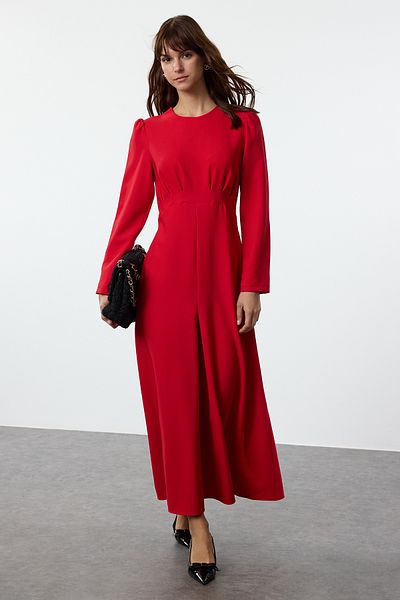 Trendyol Modest TCTAW25EB00110 Modell Dunkelrot Gewebtes Kleid
