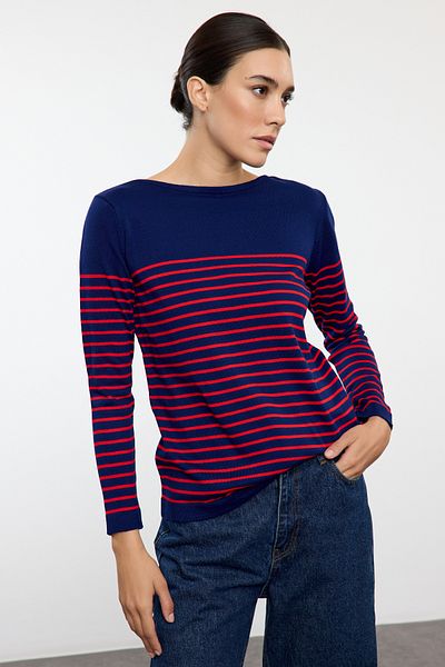 Trendyol Collection Pulover de bază cu dungi albastru bleumarin TWOAW23KZ01846