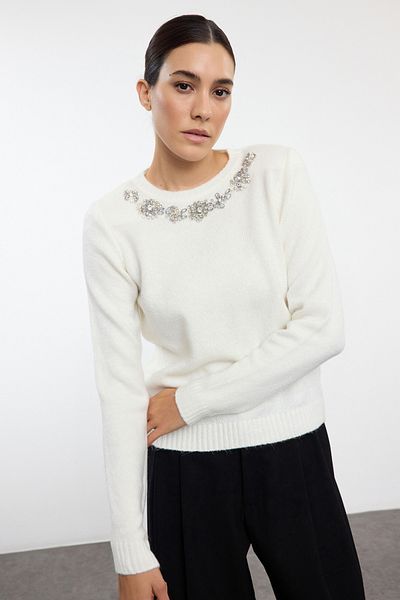 Trendyol Collection Soft Textured Ecru Knitwear Sweater - Stone Detailed, Twoaw25Kz00151