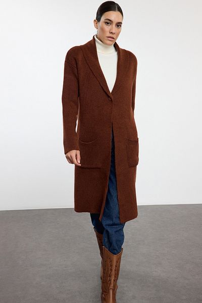 Trendyol Collection Long Coat Look Soft Knitwear Cardigan - Brown Twoaw25Hi00298