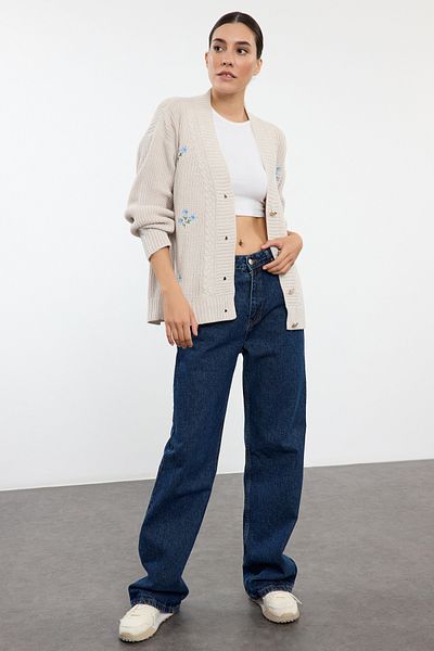 Trendyol Collection Wide Fit Embroidered Stone Knitwear Cardigan - Twoaw25Hi00241