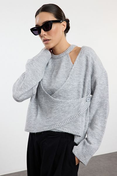 Trendyol Collection SVĚTLE ŠEDÝ úplet CARDIGAN - halenka s měkkou texturou TWOAW25HI00327
