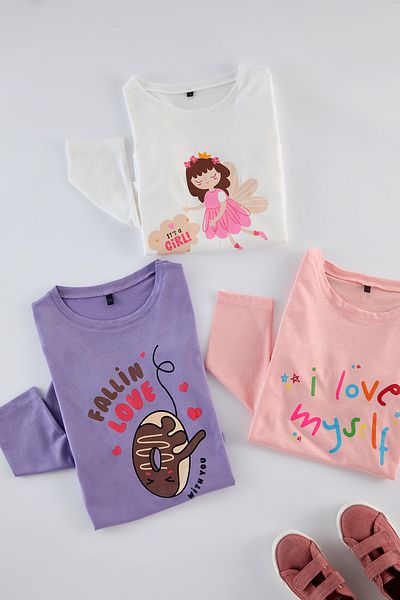 TRENDYOLKIDS Lányok ekrü-lila-púderes 3 db pamut kötött pólókészlet - TKDAW25TS00011