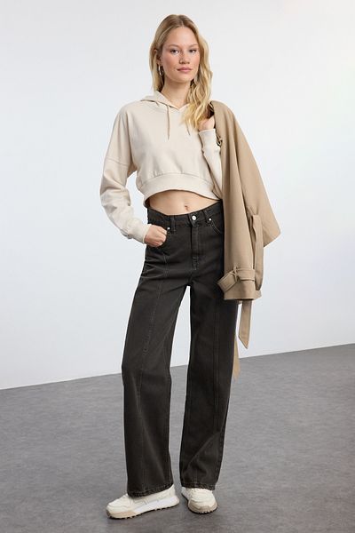 Trendyol Collection Vintage-Jeans mit weitem Bein und hoher Taille – Braun, Nahtdetails, blasser Effekt TWOAW25JE00141