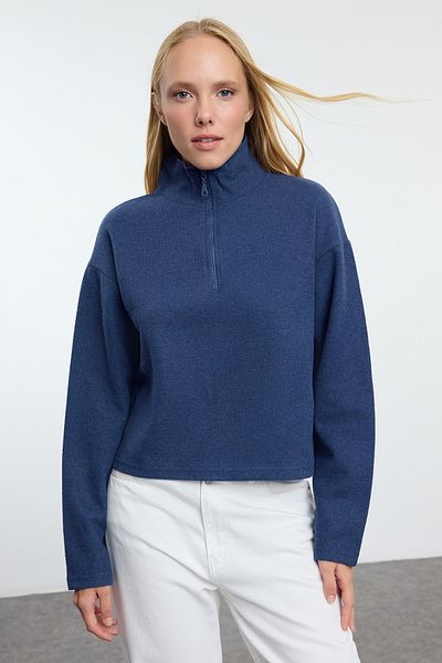 Trendyol Collection Indigo límec na zip - Thessaloniki/pletený vzhled Pletená mikina Twoaw22sw0732