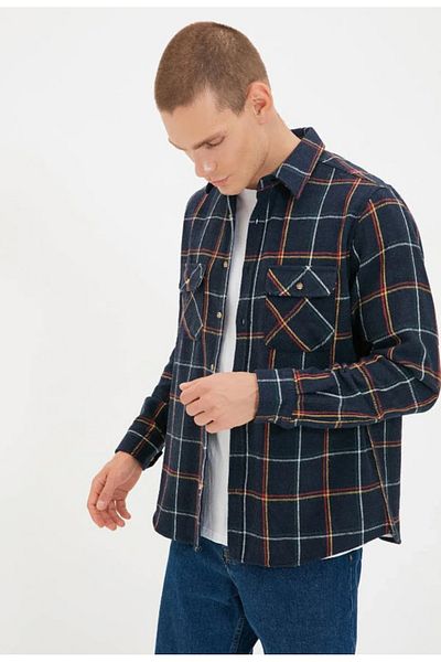 Trendyol Collection Námořnická modrá košile se zimní bundou Lumberjack Check – Regular Fit, dlouhý rukáv, dvojité kapsy Tmnaw20Go0485