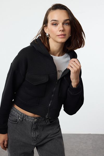 Trendyol Collection Черен изрязан суитшърт с дебел полар отвътре - удобна кройка, джоб с детайли, качулка TWOAW24sw00010
