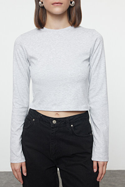 Trendyol Collection Flexible Gray Melange Crop Knitted Blouse - Long SleeVe, Fitted TWOAW25BZ00170