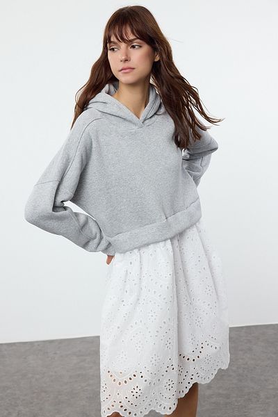 Trendyol Collection Gray Embroidery Mini Knitted Dress - MELange Hooded, Zippered, Color Block TWOAW25EL00510
