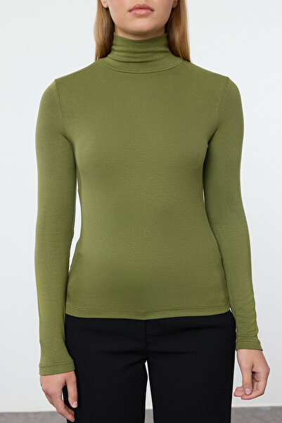 Trendyol Collection Χακί Premium Stretchy μπλούζα με ζιβάγκο - Μαλακό ύφασμα, Εφαρμόζεται Twoaw24bz00119
