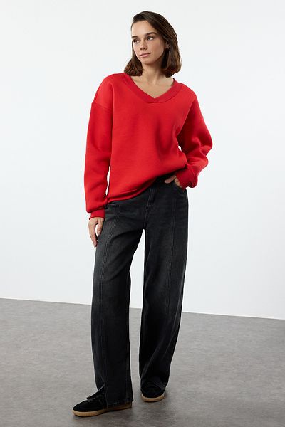 Trendyol Collection Rotes Oversize-Sweatshirt aus Fleece-Strick – innen dick Twoaw25sw00171