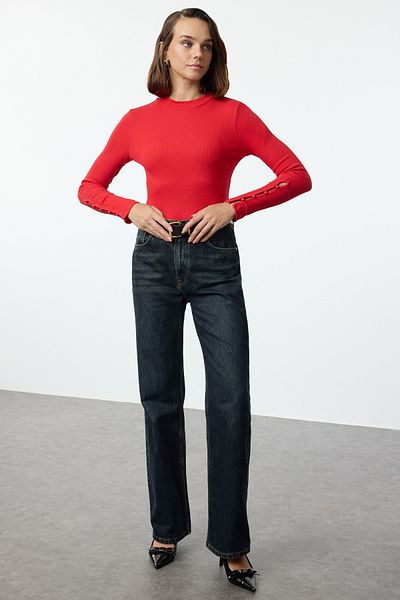 Trendyol Collection Еластична памучна блуза с корда - червена, закопчана, яка с яка Twoaw24bz00273
