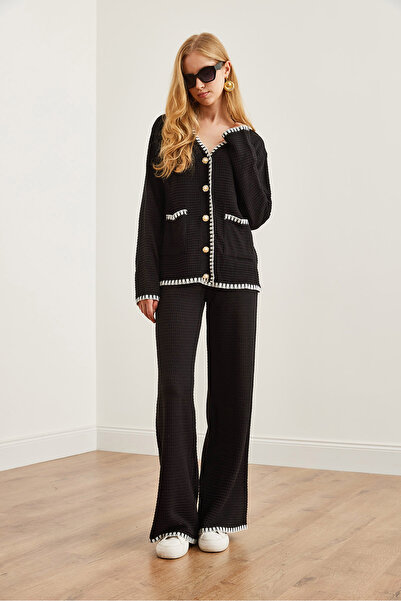 Olalook Black Knitwear Set - Piping Detailed Cardigan and Bottom Trousers Tkm- 19000305