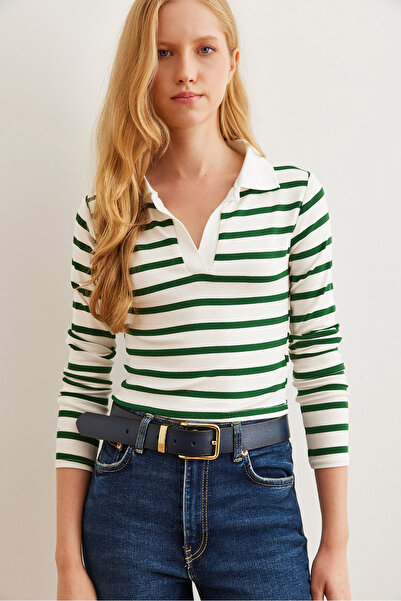 Olalook Green Polo Neck ριγέ γυναικεία μπλούζα Crop - Soft Touch, Flexible BLZ- 19002723