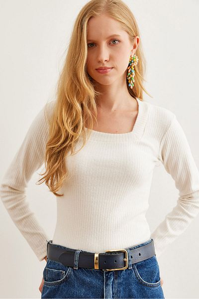 Olalook Ecru Women's Blouse - Square Collar, Thick Corduroy and Shardon Blz- 19002726