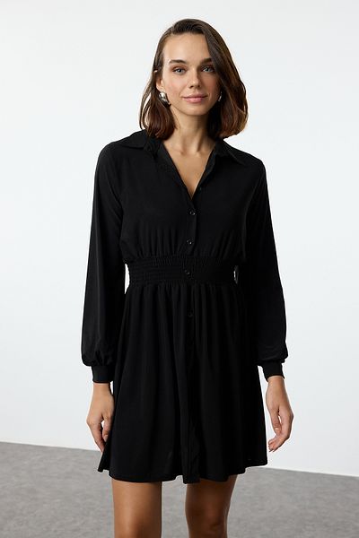 Trendyol Collection Mini pletené šaty s polo výstřihem – elastický pas, černé Twoaw25el00500