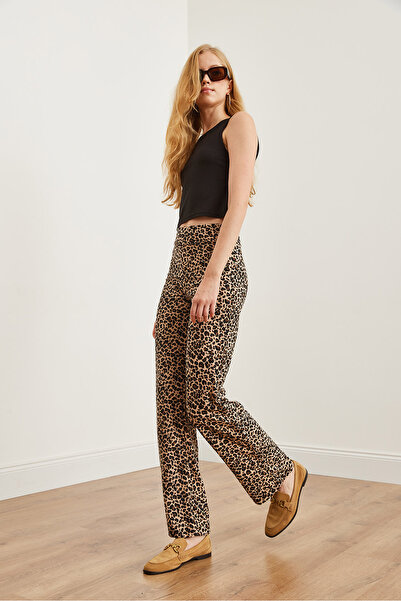 Olalook Kadın Leopar Bej Yüksek Bel Süet Dokulu Bol Paça Pantolon PNT-19000289