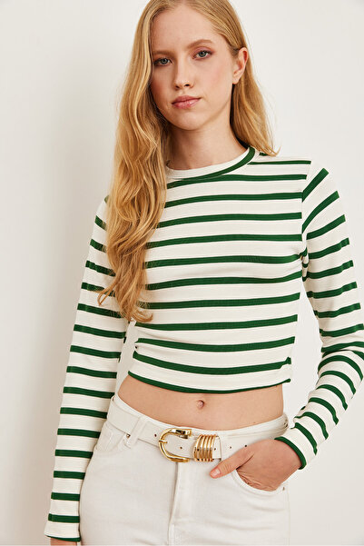 Olalook Πράσινη ριγέ Premium Soft Touch Crop Μπλούζα - Crew Neck BLZ- 19002451