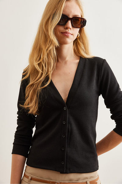 Olalook Kadın Siyah Ottoman Düğmeli Fitilli Crop Bluz BLZ-19002719