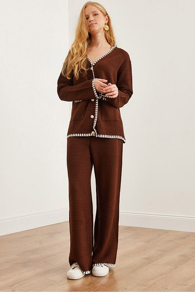 Olalook Bitter Brown Colored Women's Knitwear Set - Top Cardigan and Lower Trousers Tkm- 19000305