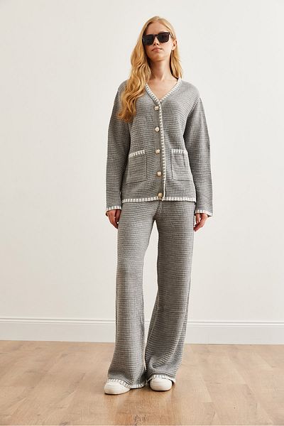Olalook Grauer Damen-Strickanzug mit Paspelierung, Oberteil, Strickjacke und Hose, TKM- 19000305