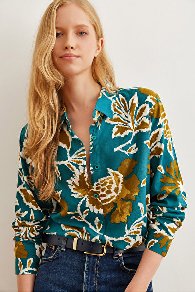 Olalook Kadın Petrol Yeşili Yaprak Desenli Dökümlü Dokuma Viskon Gömlek GML-19001244