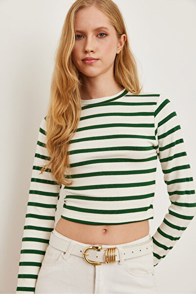 Olalook Πράσινη ριγέ Premium Soft Touch Crop Μπλούζα - Crew Neck BLZ- 19002451