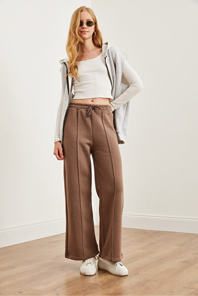 Olalook Καφέ γυναικεία φούτερ - ραφές και τσέπες, φαρδιά πόδια SHAFT- 00000073