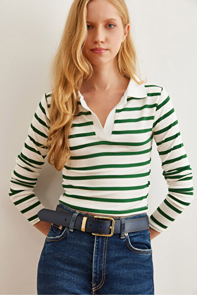 Olalook Green Polo Neck ριγέ γυναικεία μπλούζα Crop - Soft Touch, Flexible BLZ- 19002723