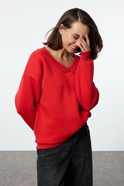 Trendyol Collection Rotes Oversize-Sweatshirt aus Fleece-Strick – innen dick Twoaw25sw00171