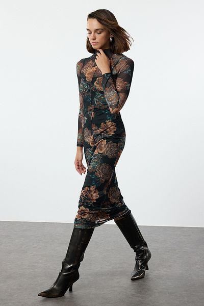 Trendyol Collection Rochie maxi cu nervuri cu imprimeu floral colorat - Detaliu din tul, tricotat pe corp TWOAW25EL00409